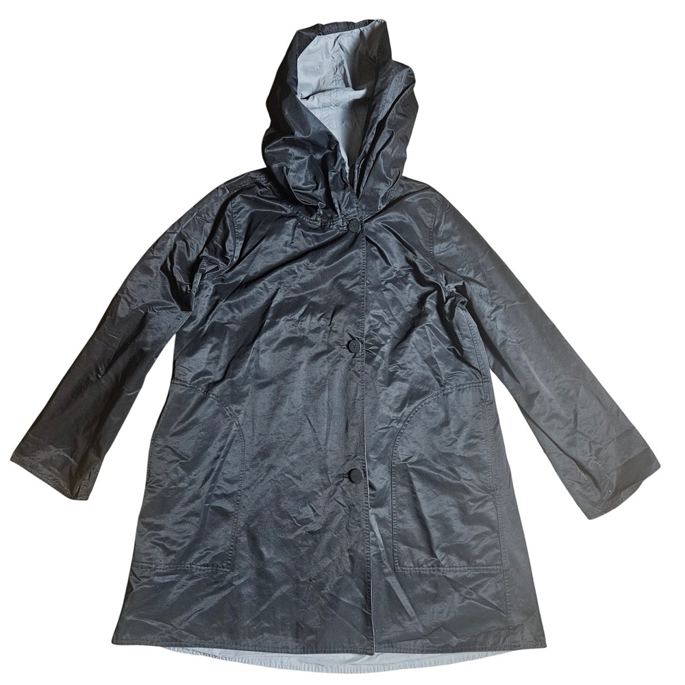 Eileen Fisher Reversible Hooded Raincoat Button Front Jacket L Nylon Utility